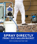 Heavy Duty Cart Paint Sprayer With Full Control Flow And RAC IV Switchtip For Thick Coatings Knocking Out Big Rental Jobs Without Breaking A Sweat, connected to 5-gallon bucket for easy use.