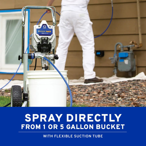 Heavy Duty Cart Paint Sprayer With Full Control Flow And RAC IV Switchtip For Thick Coatings Knocking Out Big Rental Jobs Without Breaking A Sweat, connected to 5-gallon bucket for easy use.
