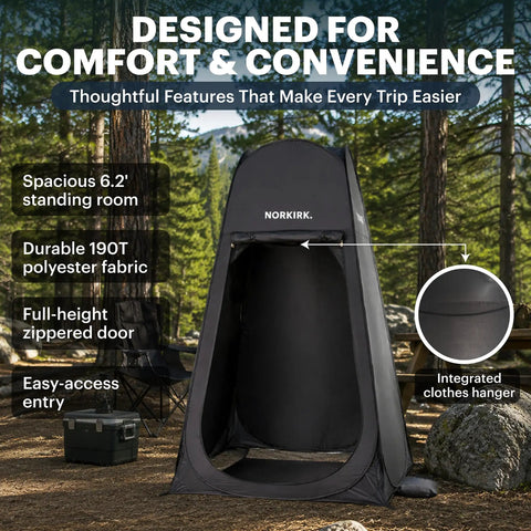 Pop Up Privacy Tent With Mesh Floor For Quick Outdoor Shower in forest, black 190T fabric, full-height zippered door, 6.2' height
