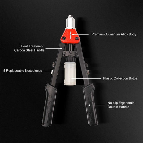 Knuckle-Saving 13 Inch Pop Rivet Gun With 150 Pcs Fasteners And Sturdy Nib Collector High Leverage Handle features ergonomic design.