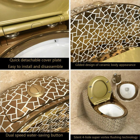 Modern Dual Flush Toilet Featuring Silent Vortex Flushing System And Soft Close Seat In Sleek Gold Bathroom Design, showing details of ceramic body and detachable parts.