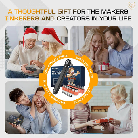 A 90 Degree Offset Right Angle Screwdriver With Ratcheting Mechanism displayed as a gift surrounded by smiling people.