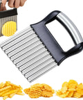 FANTEXY crinkle cutter with stainless steel blades and black handle, waffle fry maker for potatoes and veggies.