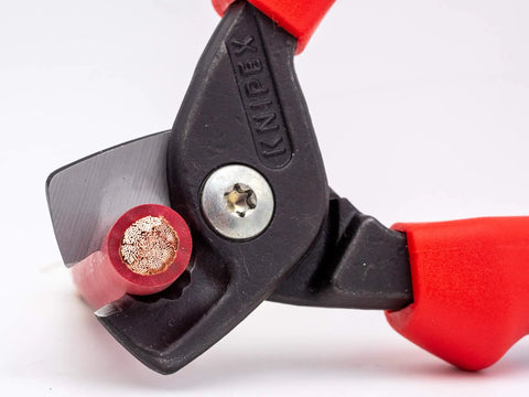 StepCut Cable Shears 6.25 Inch With Insulated Grips cutting copper wire close-up