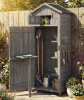 Outdoor Wooden Storage Shed With Tall Vertical Tool Cabinet Folding Table And Removable Shelves For Your Patio Deck Backyard And Lawn Grey Finish 30x20x70 Inches