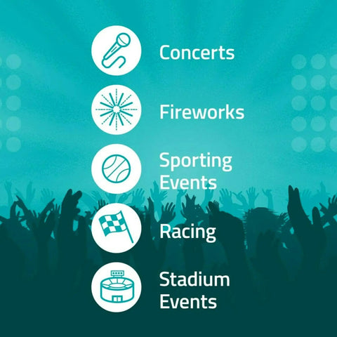 Image highlighting uses for disposable earplugs for concerts and stadiums NRR 32 dB, including concerts, fireworks, and events.