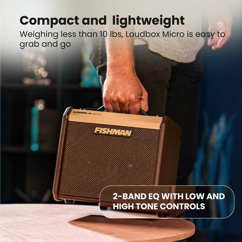 Person holding Loudbox Micro 40 Watt Acoustic Guitar Combo Amplifier Bundle With Gearlux XLR Cable Instrument Cable And Austin Bazaar Polishing Cloth For A Gig Ready Room Filling Stage Tone In A Compact Portable Package on table