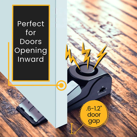 Portable Door Lock And Door Stop Alarm Two Pack Travel Security Bundle For Hotels Dorms And Airbnbs shows alarm positioned for inward-opening doors.