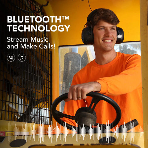 Man wearing Bluetooth Noise Cancelling Ear Muffs For Mowing, Shooting, And Construction Work 25 dB NRR Over Ear Headphones