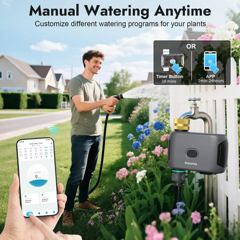 Person using WiFi Water Timer For Garden Hose Smart Sprinkler Timer With App Remote Control Alexa Voice Control Rain Delay