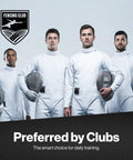 Men's 350N Fencing Jacket Pro-Grade Protection, four fencers in white jackets holding masks, club and tournament ready gear.