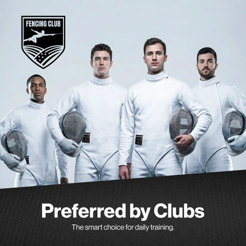 Men's 350N Fencing Jacket Pro-Grade Protection, four fencers in white jackets holding masks, club and tournament ready gear.
