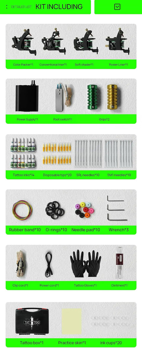 Four Coil Tattoo Machine Kit Set For Lining Shading And Coloring With Power Supply Foot Pedal Cartridges And Color Pack
