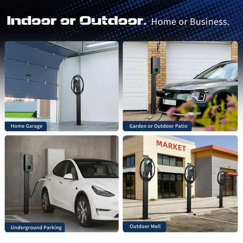 Universal EV Charger Pedestal Featuring Heavy Duty Steel Frame And Sleek Internal Wire Routing For Hassle Free Driveway Placement in various locations.