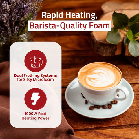 Top Tier Lever Espresso Machine With 38 Ounce Solid Brass Boiler And Dual Frothing System Chrome Finish, coffee with foam on wooden table.