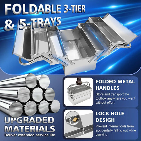Metal Cantilever Tool Box With Fold Out Trays 3 Tier 5 Tray Stainless Steel Chest Stackable Portable Organizer, open view
