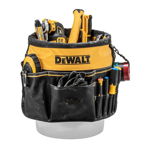 Pro Grade Tool Organizer with 37 Pockets and TOUGHCASE Pocket, built from durable 1680 Denier fabric, on a 5-gallon bucket