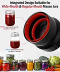 Upgraded One Integrated Mason Jar Vacuum Sealer Kit with wide and regular lids, jars filled with sauces and vegetables.