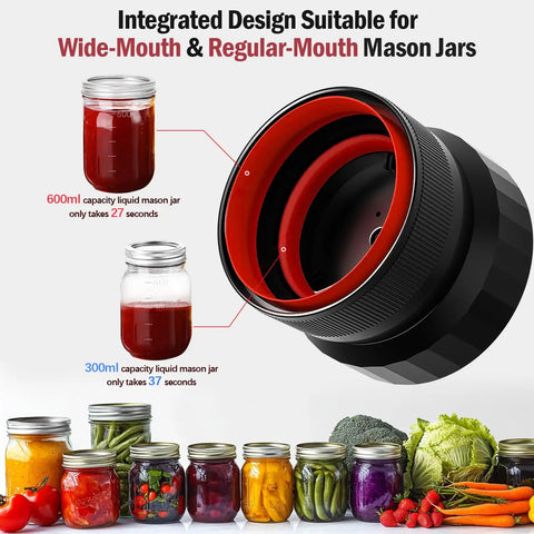 Upgraded One Integrated Mason Jar Vacuum Sealer Kit with wide and regular lids, jars filled with sauces and vegetables.