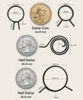 Size comparison of various springs with dollar and half dollar coins for 8 Piece Door Handle Spring Set For Knob And Lever Latch Replacement DIY