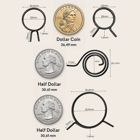 Size comparison of various springs with dollar and half dollar coins for 8 Piece Door Handle Spring Set For Knob And Lever Latch Replacement DIY