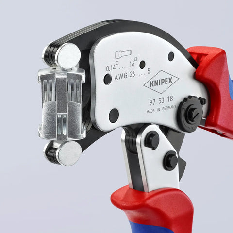 Close-up of Self Adjusting Crimping Pliers with 360 Degree Rotating Head Eight Lock Positions, showing metal jaws and mechanism.