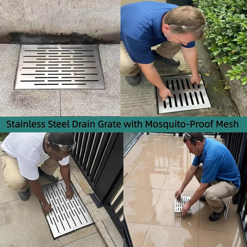 Heavy Duty Outdoor Drain Guards And Stainless Steel Catch Basin Covers Foolproof Floor Drain Kit Built Tough For Driveway Yard Deck And Basement No Sweat Install Smooth Drainage Flow Two Pack, shown being installed.