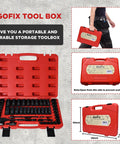 Red Egofix toolbox open showing various sockets and adapters, image shows dimensions and carrying feature.