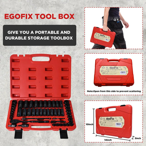 Red Egofix toolbox open showing various sockets and adapters, image shows dimensions and carrying feature.