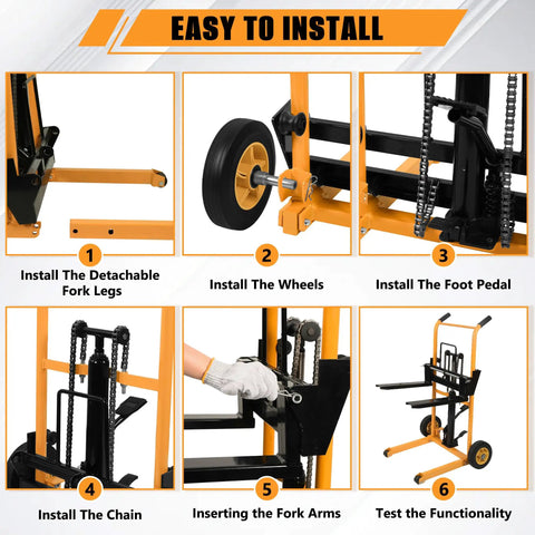 Heavy Duty Manual Material Stacker Workhorse With 450 Lb Capacity, Hydraulic Foot Pedal Lift, Adjustable Forks From 2.75 To 43.3 Inches, Removable Platform, Carbon Steel Frame And PU Wheels For Easy Warehouse Loading. installation steps with wheels, chain, fork arms