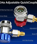 R134a Car AC Adapter Fittings With Adjustable Quick Couplers For High And Low Side, aluminum and brass materials, detailed view