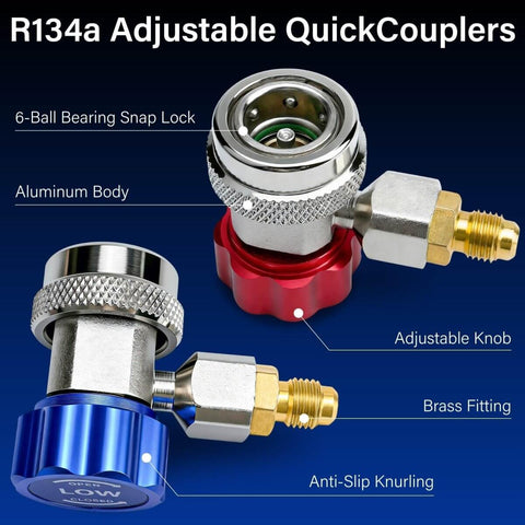R134a Car AC Adapter Fittings With Adjustable Quick Couplers For High And Low Side, aluminum and brass materials, detailed view