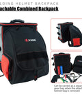 Welding Backpack With Detachable Helmet Bag And Built In Lunch Tote, ultra-durable red tool carrier with padded back and straps.