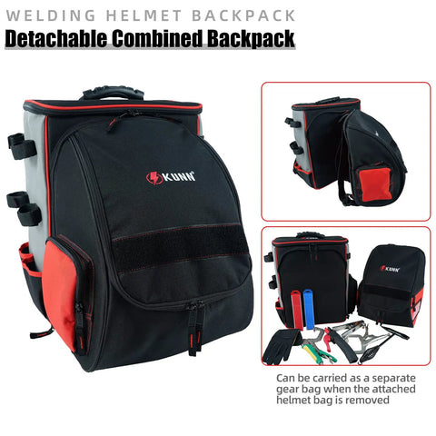 Welding Backpack With Detachable Helmet Bag And Built In Lunch Tote, ultra-durable red tool carrier with padded back and straps.