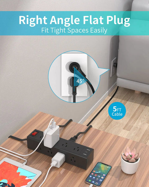 Flat 5 Ft Power Strip With USB C And 3 USB Ports 12 Outlets Surge Protector neatly plugged on a table with devices connected