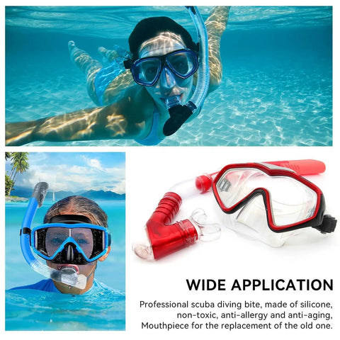 Diver using 4 Pack Silicone Mouthpiece for Scuba Regulator Replacement underwater, fits most regulators, reduces jaw fatigue.