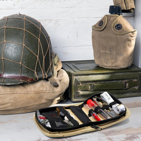 EDC Ready Military Style Survival Sewing Kit Tactical Pack with button tools on a wooden surface, featuring durable nylon material.
