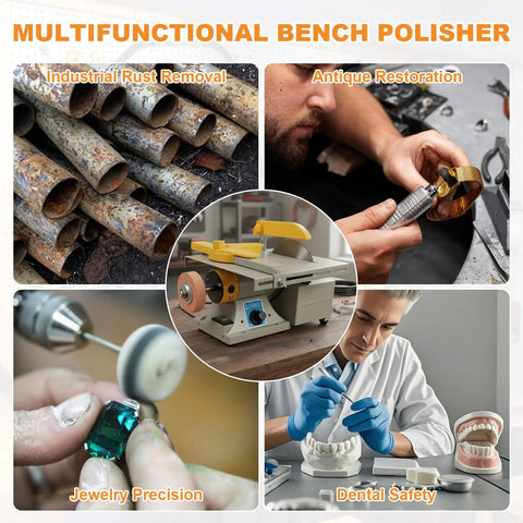 All In One Lapidary And Jewelry Polisher with 0 to 10000 RPM benchtop grinder used for rust removal and dental safety applications.