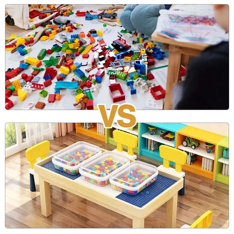 Solid 5 Pack Clear Hard Shell Zipper Cases Stackable Storage Pouches Crisp Lid Closure organizing colorful Lego bricks on a table.