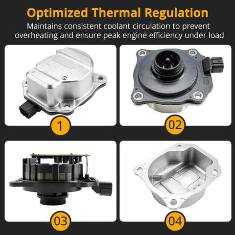 Images of Knockout Grade Electric Coolant Water Pump for 2.5L Toyota Camry and Lexus. Shows design and components for performance.