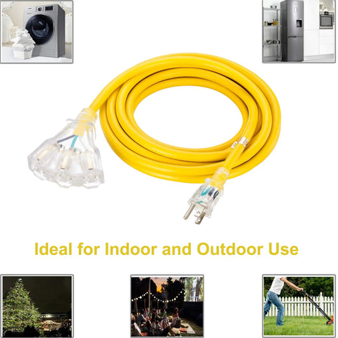 Heavy Duty Outdoor Extension Cord With Multiple Outlets, 12 Gauge 3 Prong SJTW, UL Listed, coiled with clear plug, ideal for outdoor projects