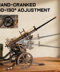 Close-up of Anti-Aircraft Gun 3D Wood Puzzle for Adults with hand-cranked adjustment mechanism on a desk