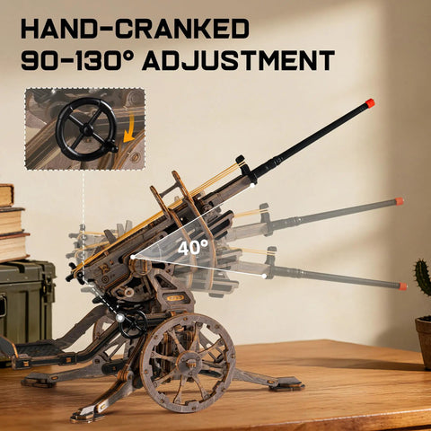 Close-up of Anti-Aircraft Gun 3D Wood Puzzle for Adults with hand-cranked adjustment mechanism on a desk