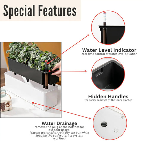 Total Patio Flex 16 Inch White Railing Planter Boxes 2 Pack Over Balcony Self Watering With Metal Brackets showing features like water indicator.