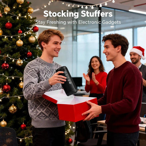 Two men exchanging a Rugged Portable Bluetooth Speaker With 24W Stereo Sound Deep Bass TWS Pairing IPX7 Waterproof during a festive gift exchange.