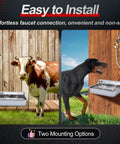 Hassle Free One Gallon Automatic Dog Water Dispenser Stainless Steel Self Filling Bowl shown with cow and dog, showcasing mounting options.
