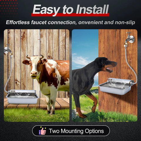 Hassle Free One Gallon Automatic Dog Water Dispenser Stainless Steel Self Filling Bowl shown with cow and dog, showcasing mounting options.