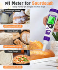 Pro Grade Digital Food PH Meter For Home Canning And Fermentation Great For Sourdough Bread Cheese Sauces Water Brewing Meat Sausages Pickles Sushi Rice Accurate PH Tester For Safe Acid Levels And Everyday Food Prep shown testing sourdough and bread dough.