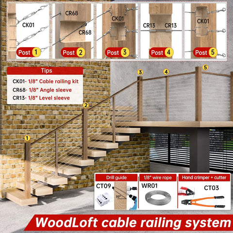 WoodLoft cable railing system featuring 14 Inch Hand Swager Crimper For Aluminum And Copper Cable Sleeves And Ferrules CT03 CT1