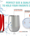 Stainless Steel Double Wall Vacuum Insulated Wine Tumblers keeping icy cold beverages chilled or piping hot coffee with a red can for size reference.